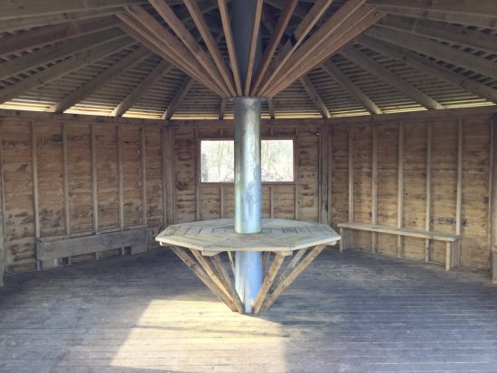 interior of hexagonal bird hide at rspb pagham harbour